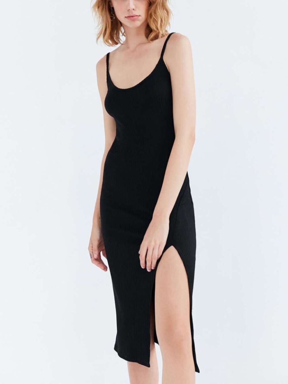 NWT Silence + Noise Urban Outfitters Black Ribbed Midi Dress Side Slit LBD S